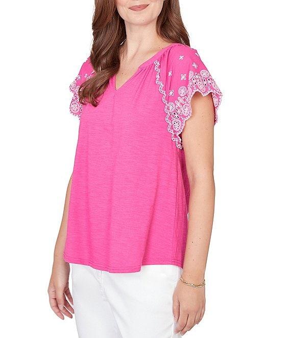 Ruby Rd. Slub Knit Split V-Neck Short Embroidered Sleeve Top Product Image