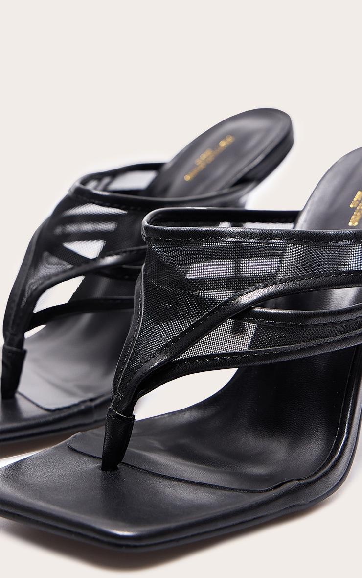 Wide Fit Black Square Toe Double Mesh Toe Thong High Stiletto Heeled Mules Product Image