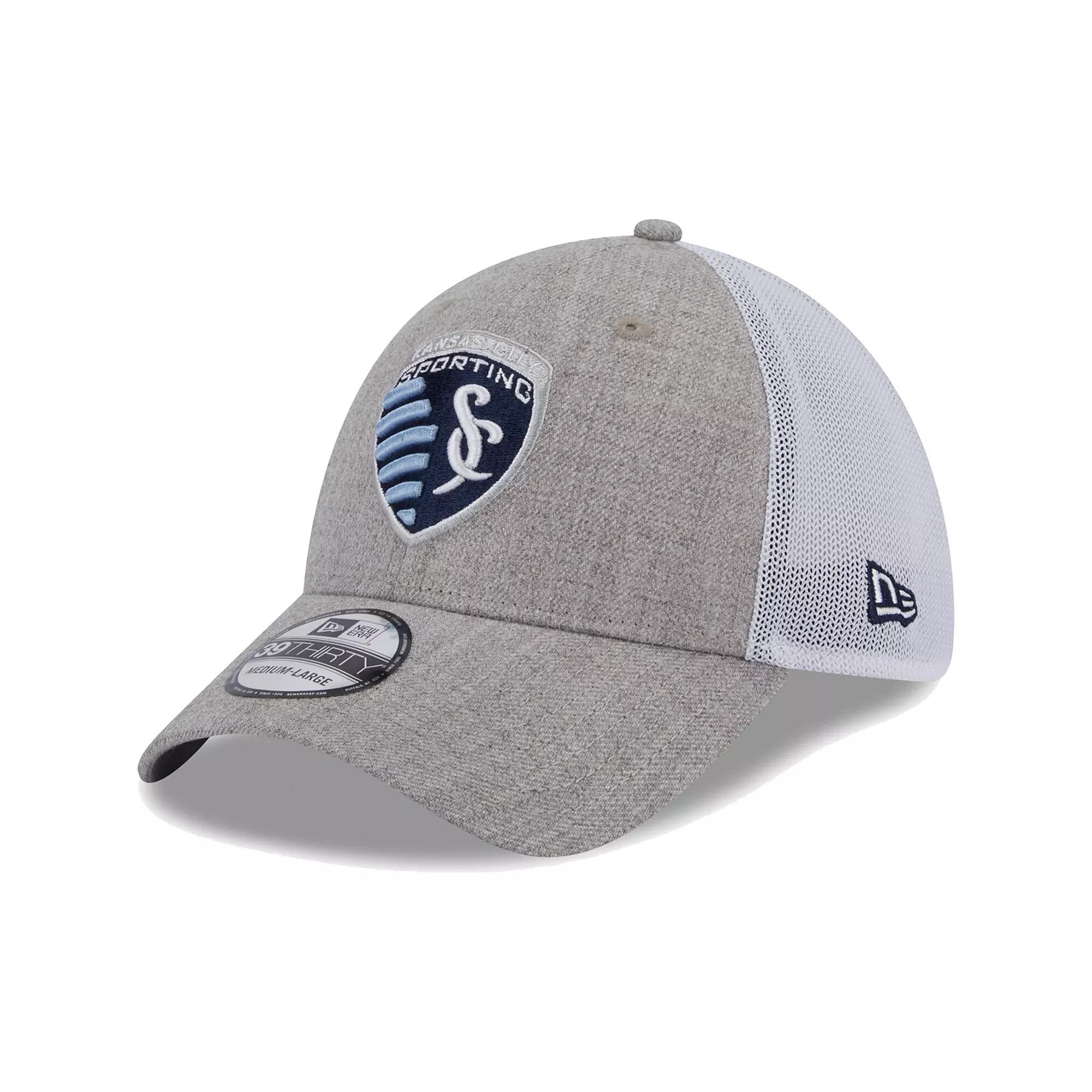 Men's New Era Heather Gray/White Sporting Kansas City 39THIRTY Trucker Flex Hat,  Product Image