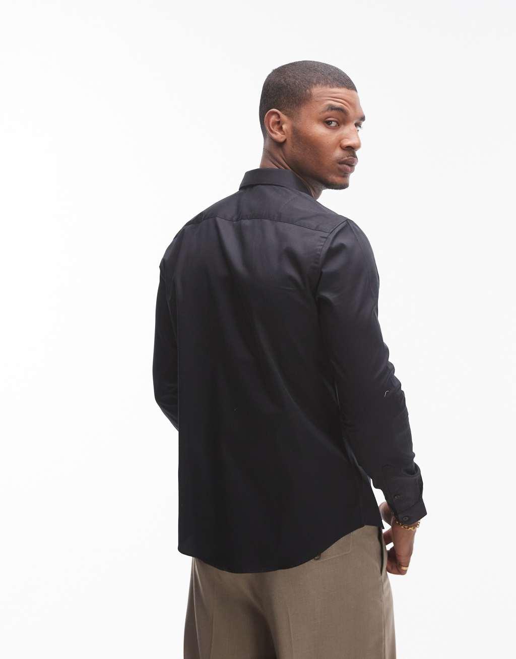 Topman long sleeve formal slim fit sateen shirt in black Product Image