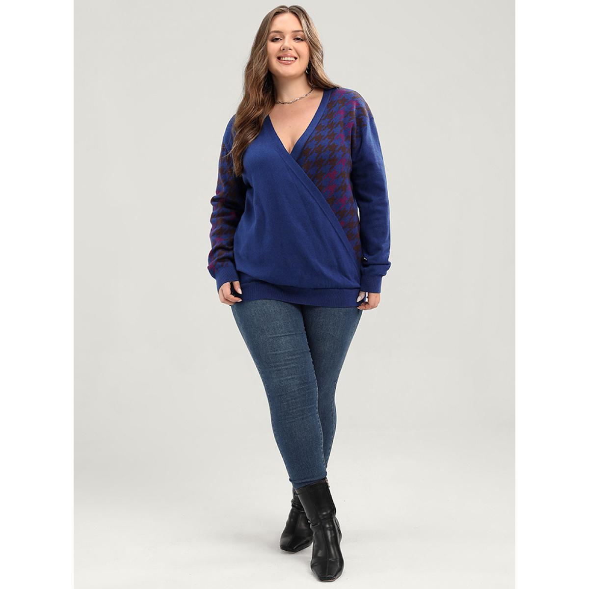 Plus Size Houndstooth Contrast Super Soft Knit Jacquard Wrap Knit Top Blue Women Elegant Loose Long Sleeve Deep V-neck Dailywear Pullovers BloomChic 18-20/2X Product Image