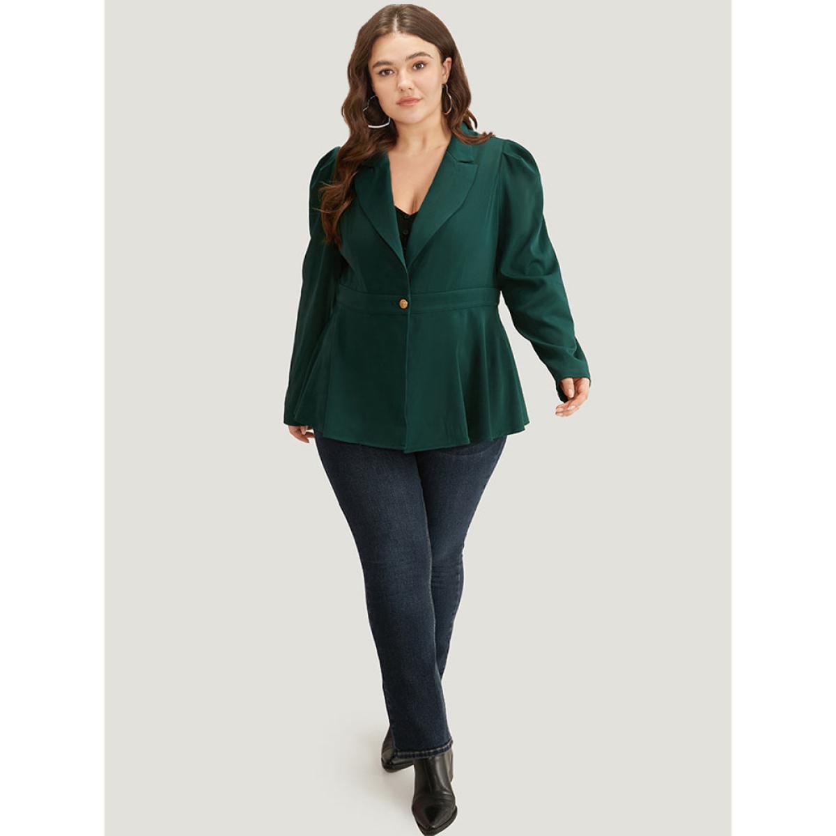 Plus Size Button Fly Waistline Inside Blazer DarkGreen Women Work Plain Gathered Sleeve Long Sleeve Suit Collar 28/5X At the Office Blazers BloomChic Product Image
