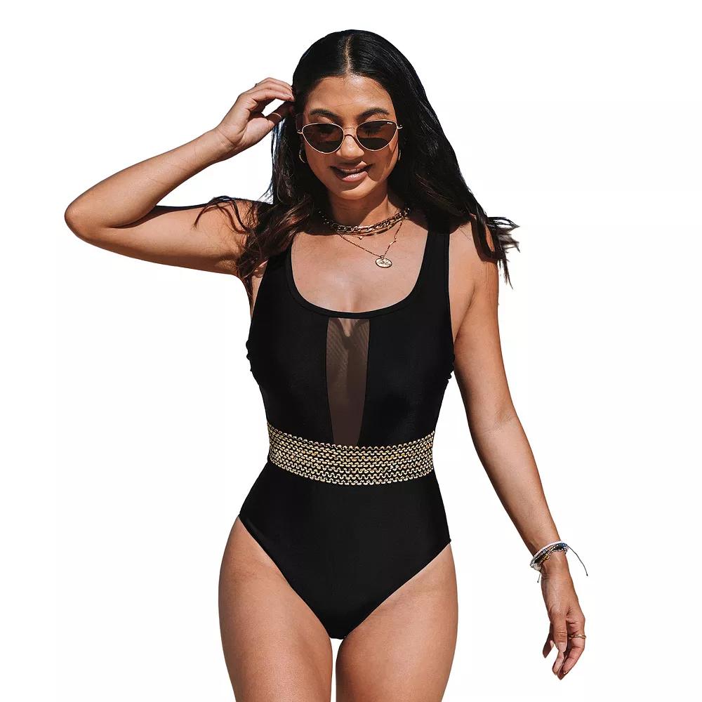 Women's Cupshe Shimmer Waist Tummy Control Mesh Plunge One-Piece Swimsuit,  Product Image
