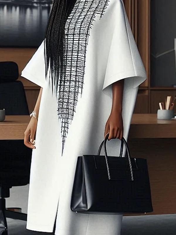 Loose Three-Quarter Sleeves Printed Split-Front Round-Neck Midi Dresses Product Image