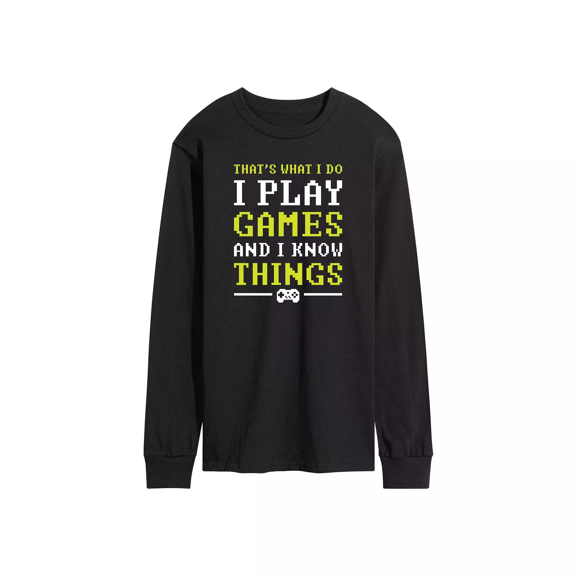 Men's I Play Games And I Know Things Pixel Long Sleeve Graphic Tee,  Product Image