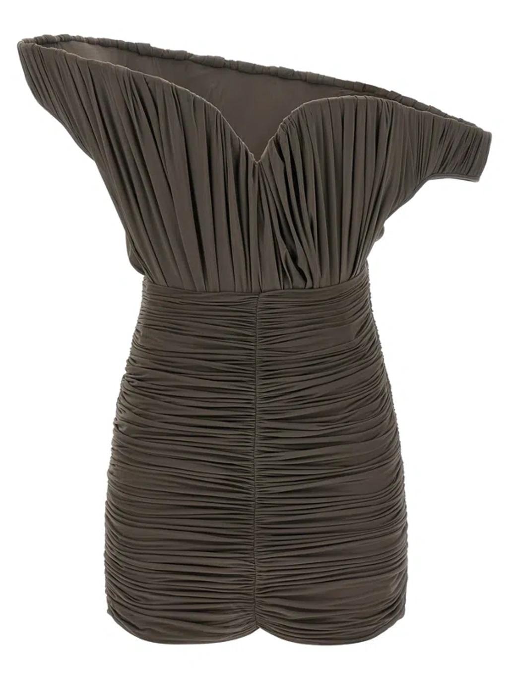 MAGDA BUTRYM Asymmetric One-shoulder Corset Dress With Ruffles In Brown Product Image