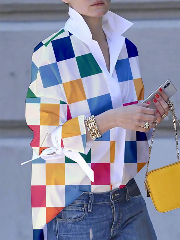 Long Sleeves Loose Buttoned Contrast Color Plaid Tied Stand Collar Blouses&Shirts Tops Product Image