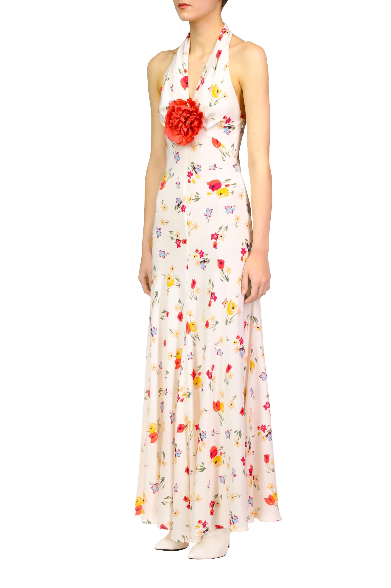 Floral Silk Satin Halter Dress With Silk Flower Pin Product Image