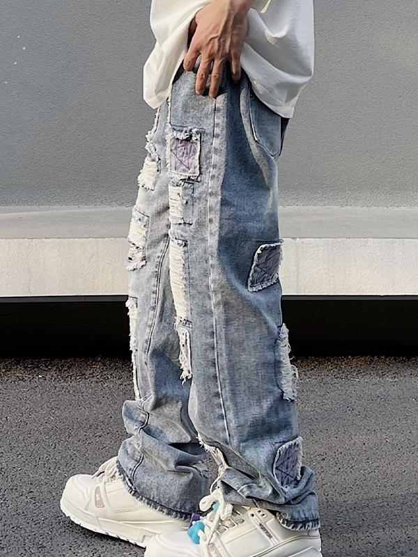 Men's Washed Ripped Burr Straight Leg Jeans Product Image