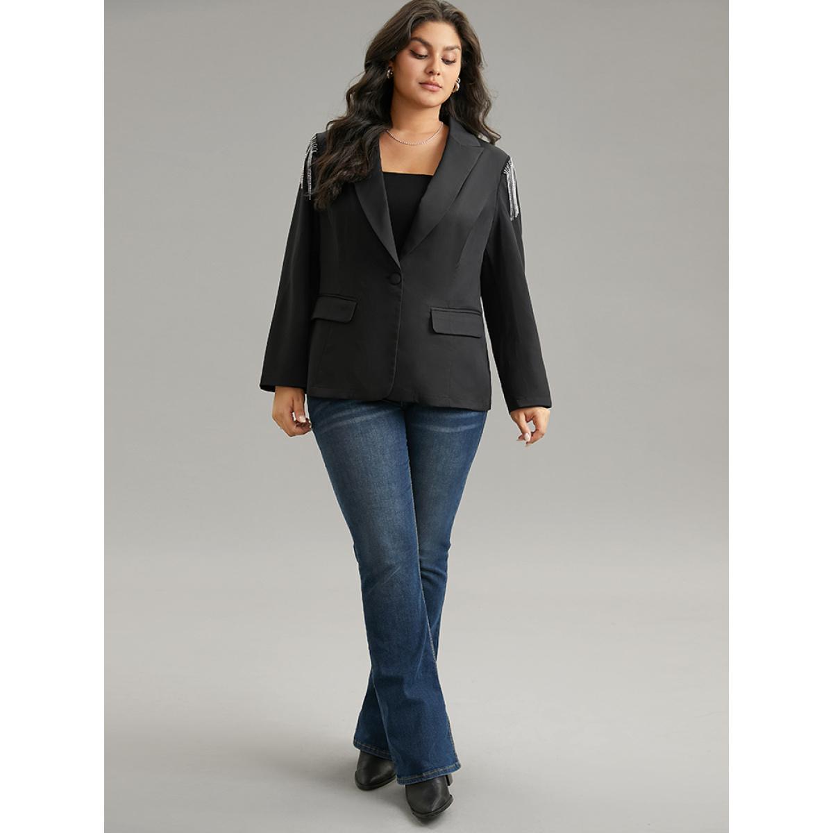 Plus Size Solid Suit Collar Tassel Trim Blazer Black Women Dailywear Plain Tassels Sleeve Long Sleeve Suit Collar 12/L Elegant Blazers BloomChic Product Image