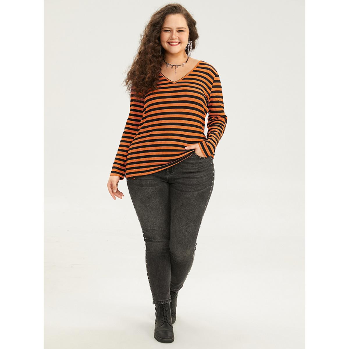 Plus Size Halloween V Neck Contrast Striped T-shirt Chocolate Women Casual Contrast Striped V-neck Festival-Halloween T-shirts BloomChic 18-20/2X Product Image