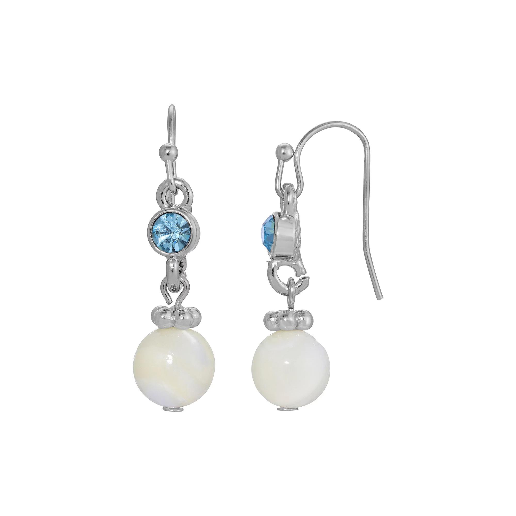 1928 Silver Tone Simulated Mother Of Pearl and Fancy Blue Crystal Drop Earrings, Women's, White Product Image