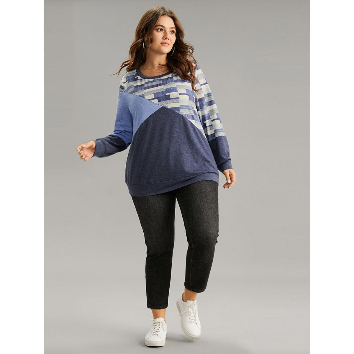 Plus Size Geometric Colorblock Contrast Crew Neck Sweatshirt Women Indigo Casual Contrast Round Neck Dailywear Sweatshirts BloomChic 14-16/1X Product Image