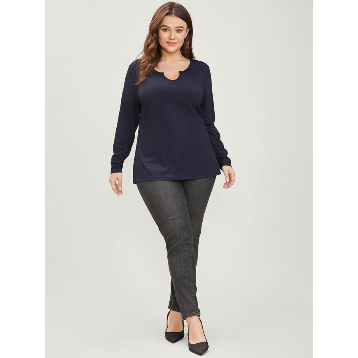Plus Size Solid Notched Rib Knit Long Tee Midnight Women Elegant Plain V-neck Dailywear T-shirts BloomChic 18-20/2X Product Image