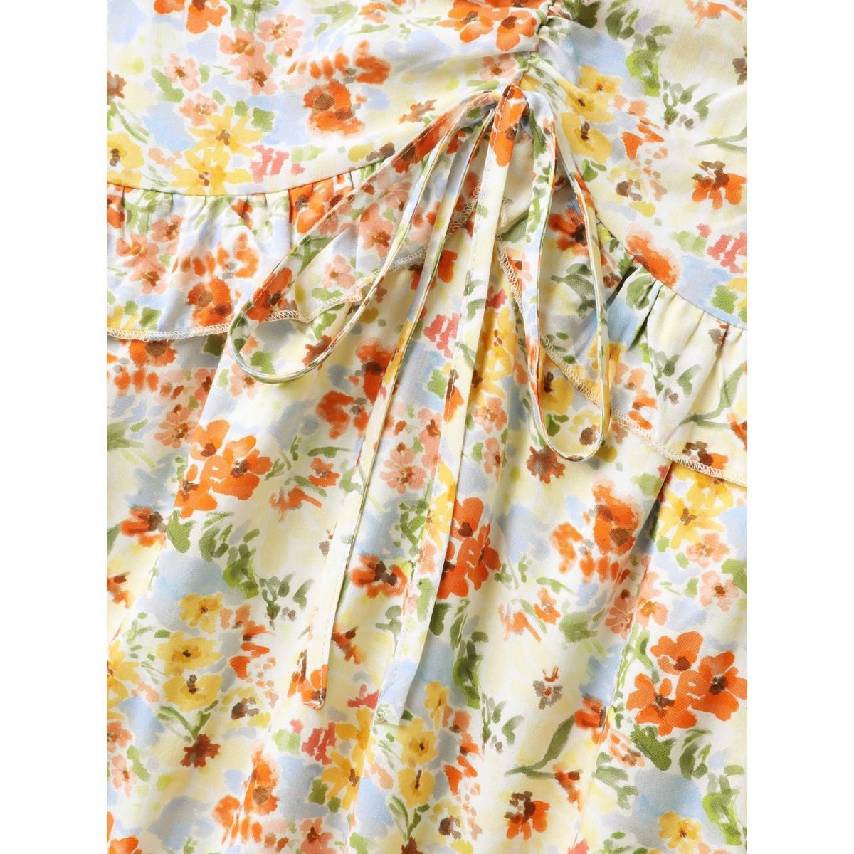 Plus Size Floral Print Ruched Pockets Midi Dress Lightyellow Women Tie knot V-neck Cap Sleeve Curvy BloomChic 14-16/1X Product Image