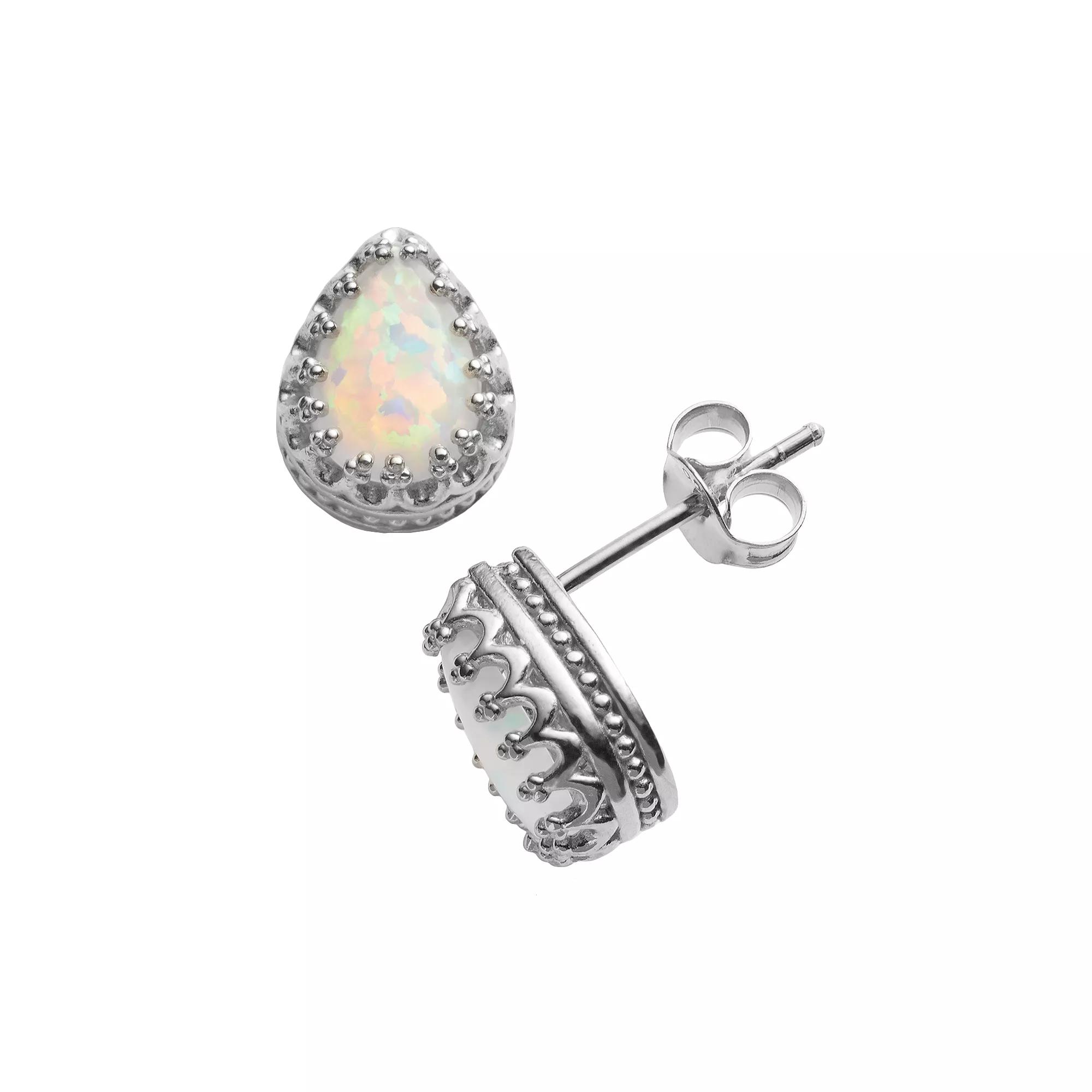 Designs by Gioelli Sterling Silver Lab-Created Opal Crown Stud Earrings, Women's, White Product Image