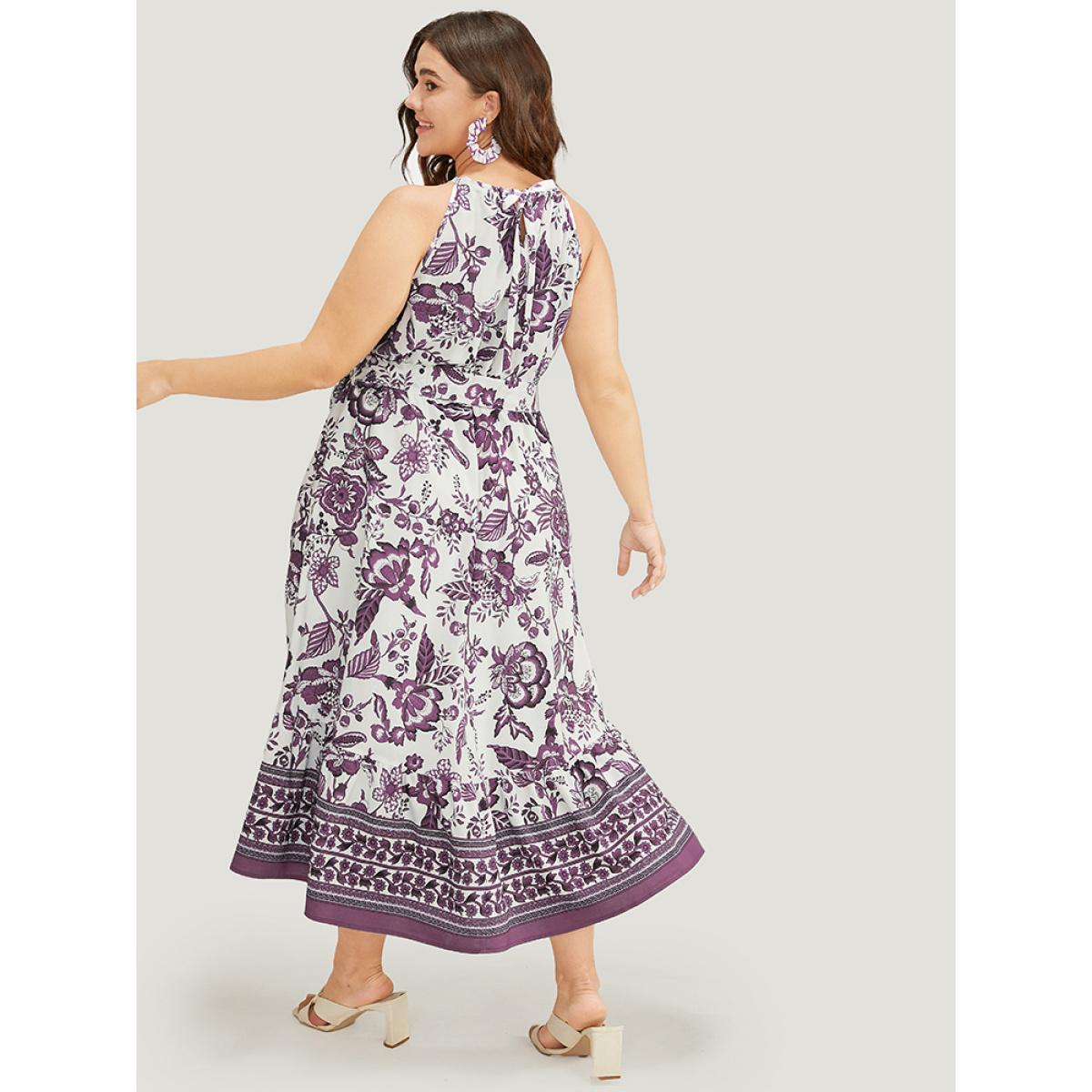 Plus Size Bandana Print Knotted Flutter Hem Pocket Belted Halter Dress Mauve Women Vacation Knotted Halter neck Sleeveless Curvy Midi Dress BloomChic 22-24/3X Product Image