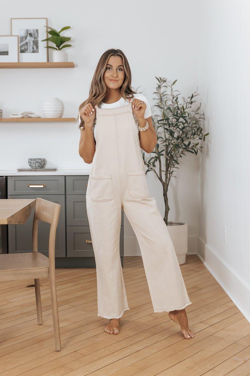 Oatmeal Cotton Denim Overalls - FINAL SALE Product Image