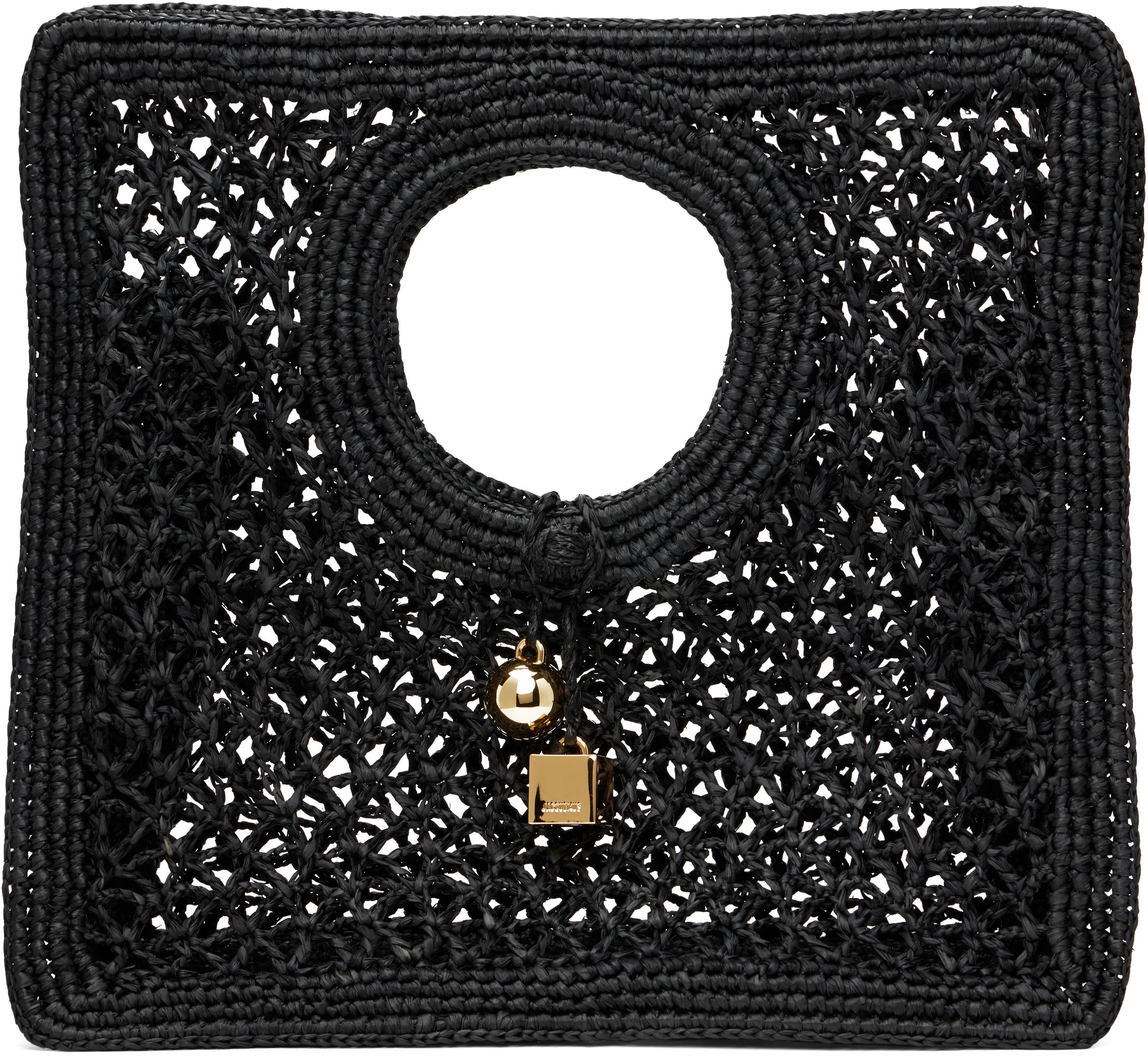JACQUEMUS Carre Spiaggia Embellished Braided Raffia Tote In Black Product Image