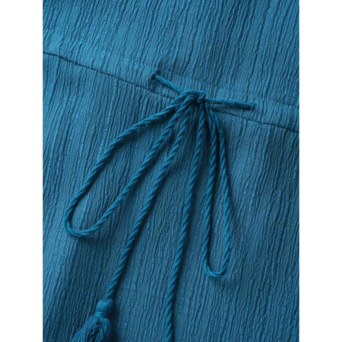 Plus Size Texture Drawstring Tie Knot Tassels Dress Cerulean Women Resort Tie knot V-neck Cap Sleeve Curvy BloomChic 22-24/3X Product Image