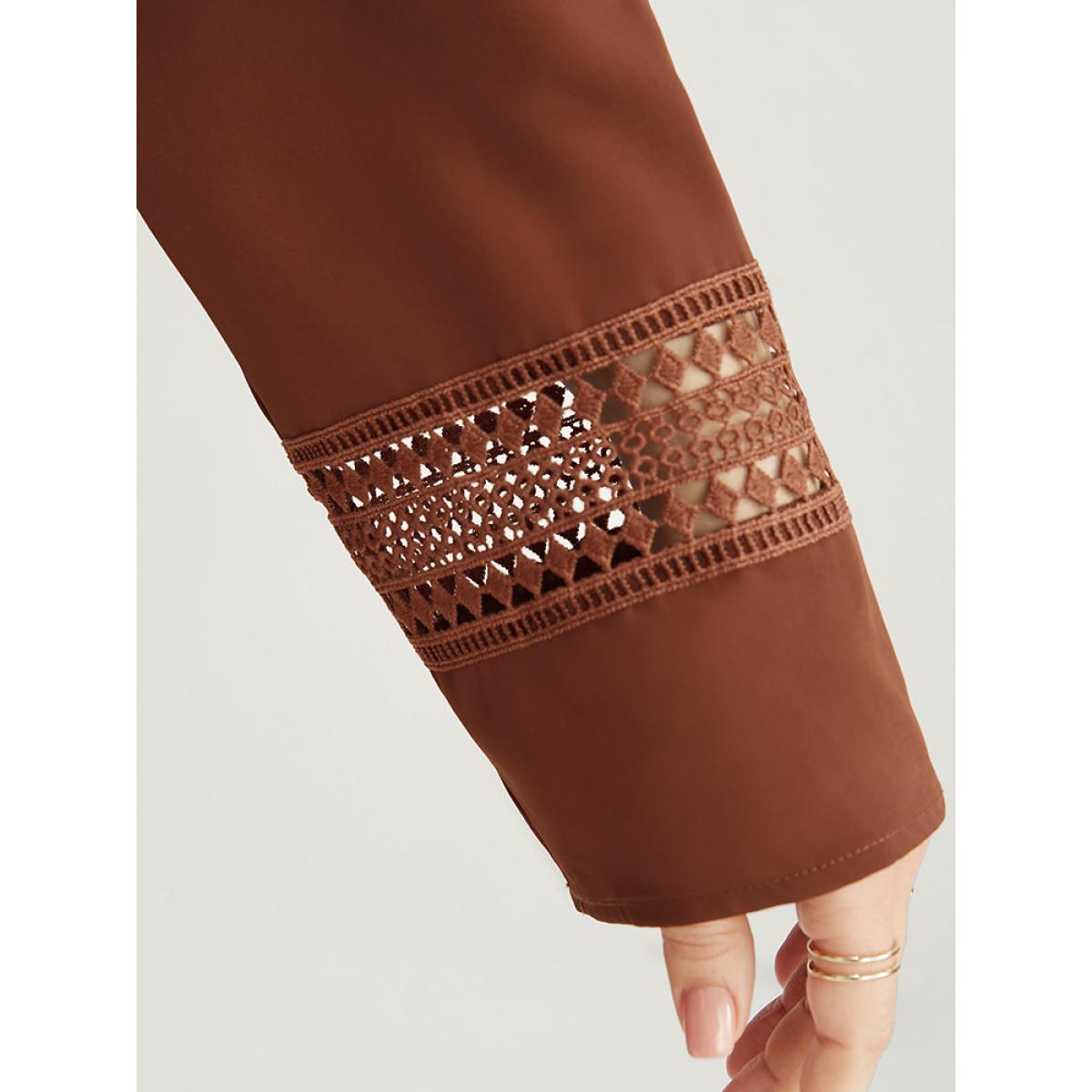 Plus Size Solid V Neck Pocket Contrast Lace Ruffle Hem Dress Russet Women Office Patchwork V-neck Long Sleeve Curvy Midi Dress BloomChic 30/6X Product Image