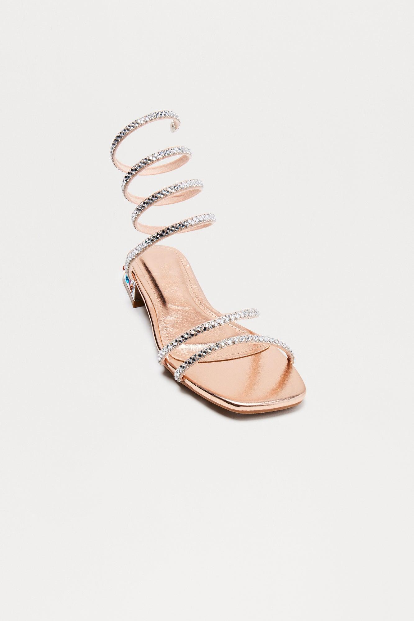 Vessy Rhinestone Wrap Up Sandals - Rose Gold Product Image