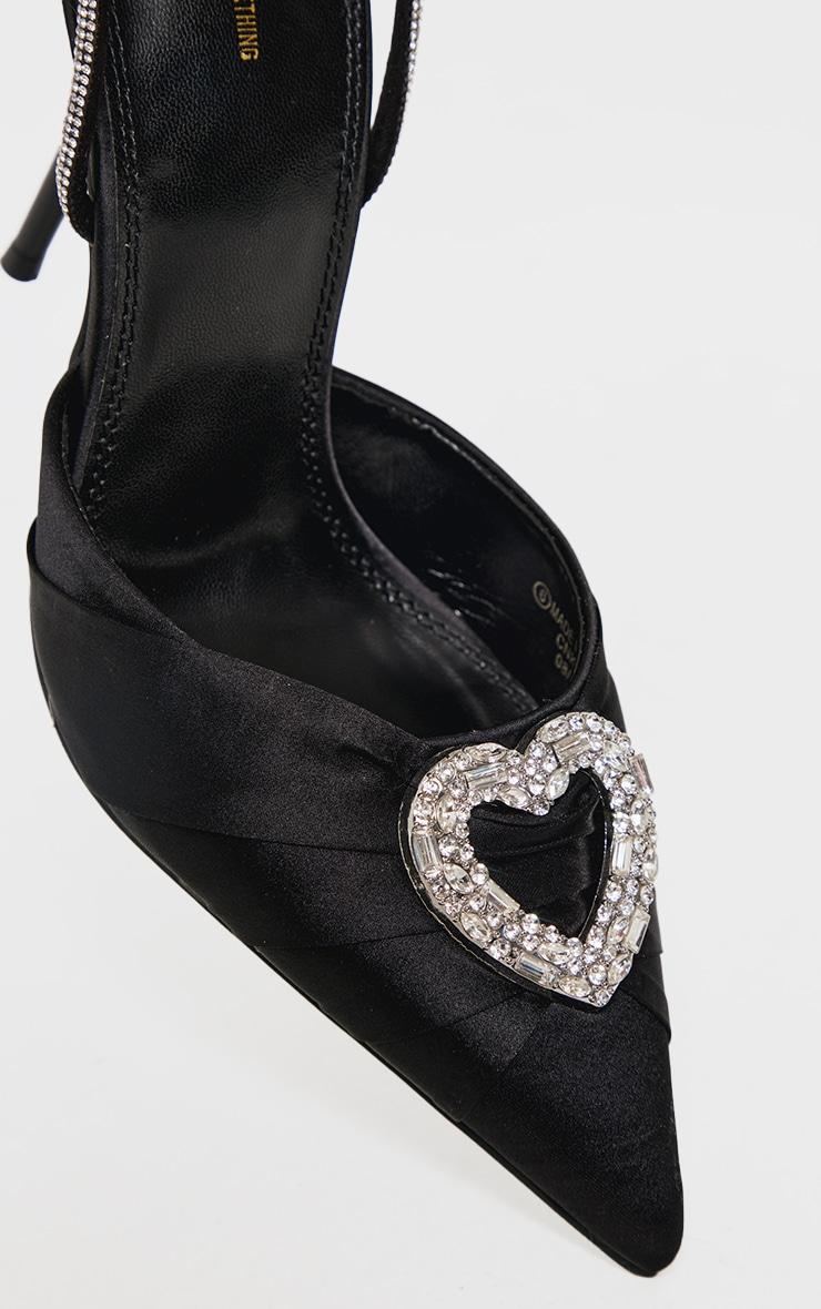 Black Satin Point Toe Diamante Heart Court Heels Product Image