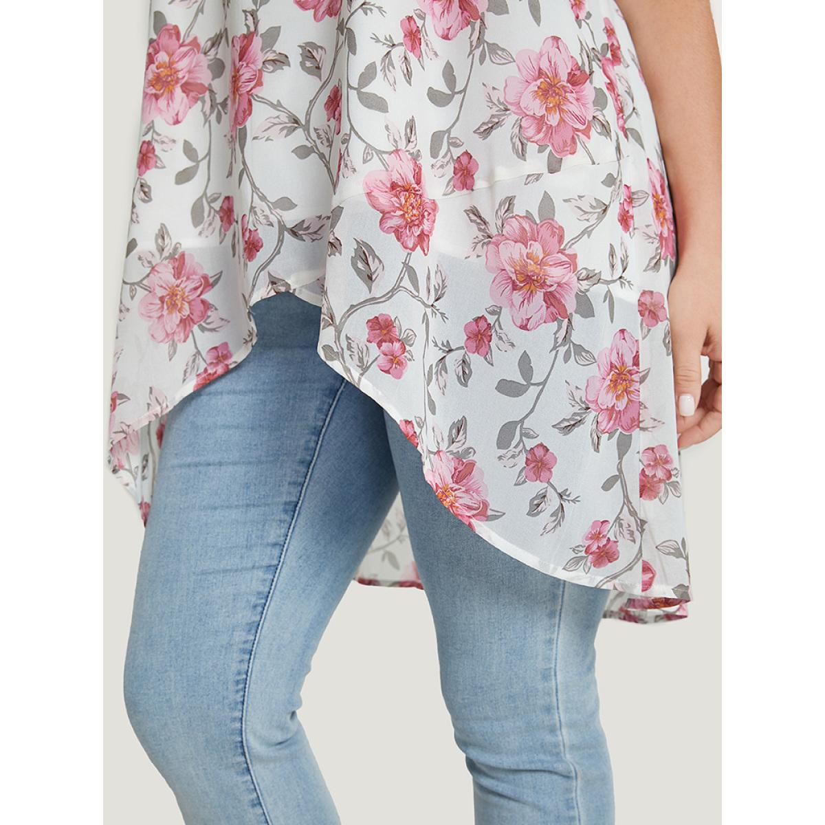 Plus Size White Floral Lace Ruffle Sleeve High Low Hem Blouse Women Elegant Short sleeve Round Neck Dailywear Blouses BloomChic 30/6X Product Image