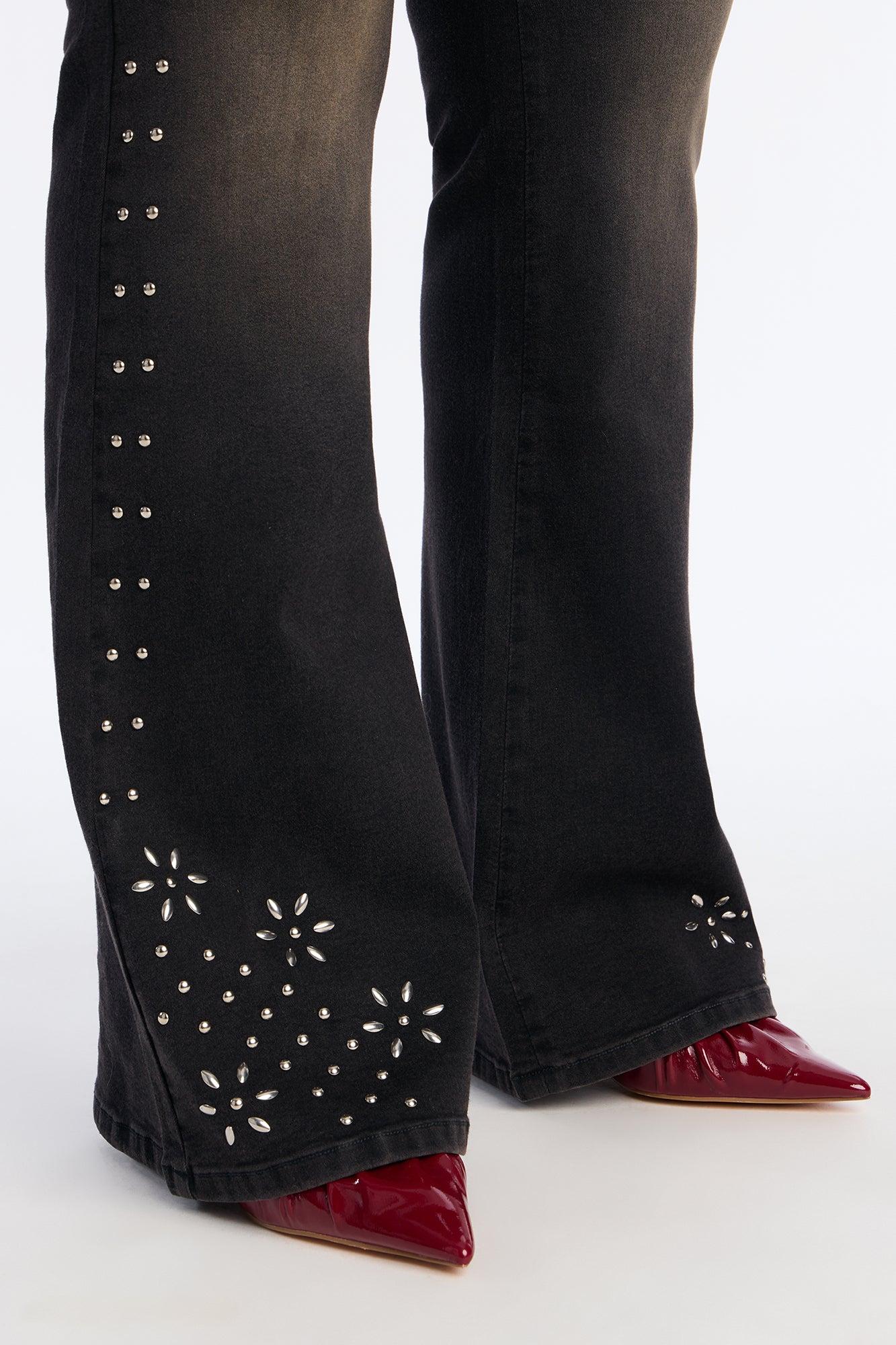 Rockstar Status Studded Flare Jeans - Black Wash Female Product Image