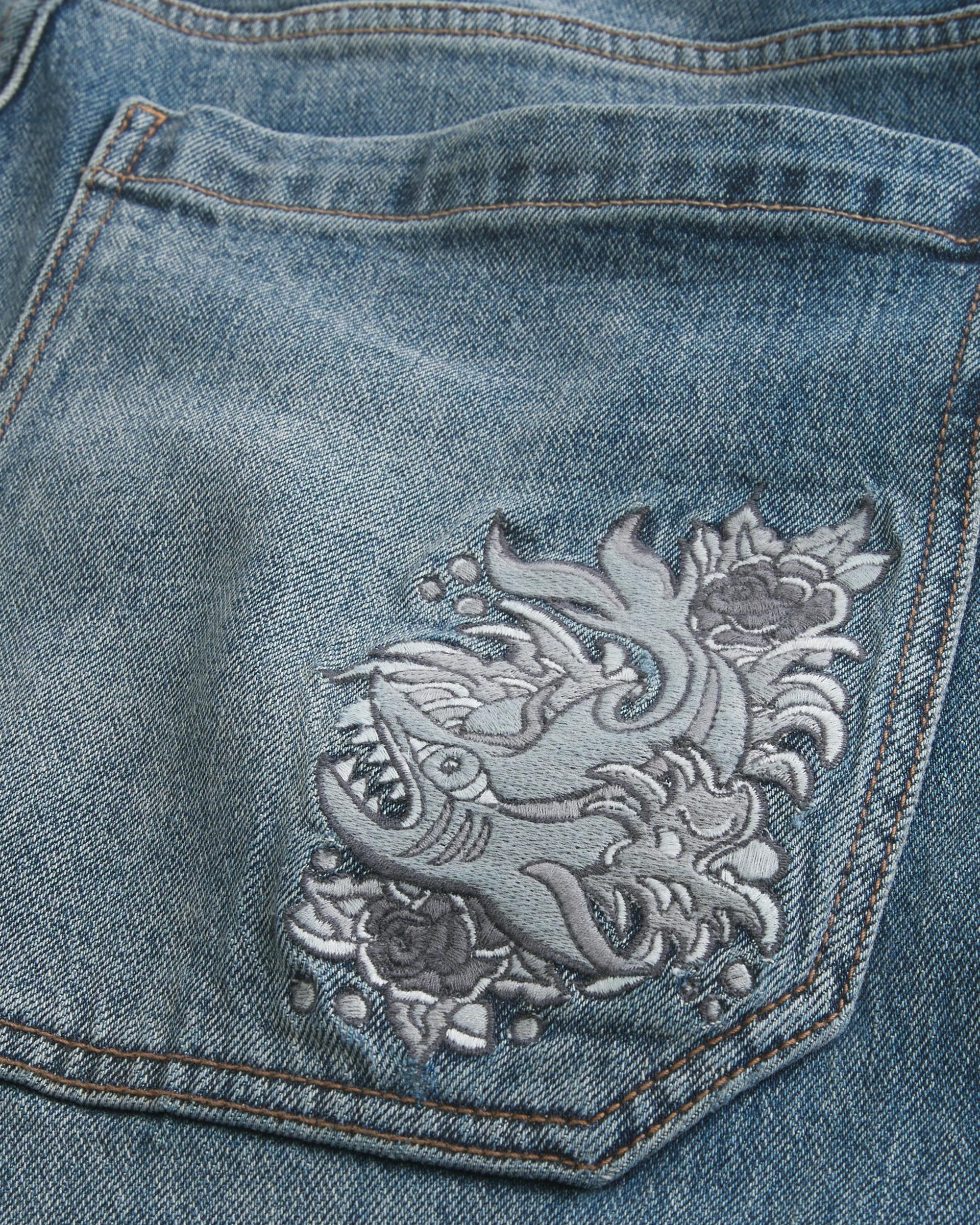 Dark Wash Embroidered Skater Baggy Jeans Product Image