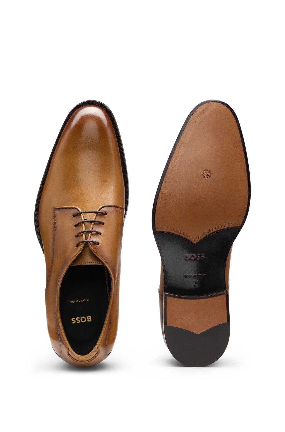 BOSS - Burnished-leather Derby shoes with stitch details - Brown Product Image