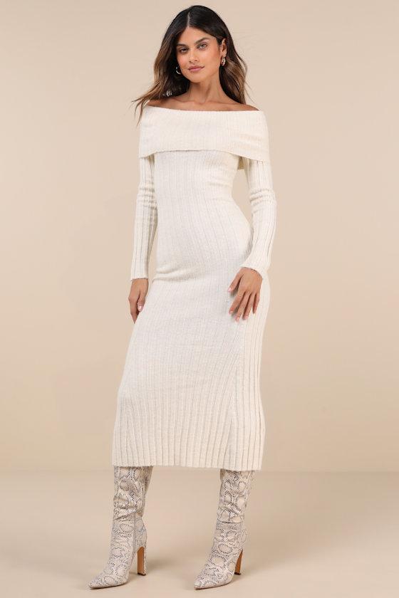 Snuggly Aura Cream Ribbed Off-the-Shoulder Sweater Maxi Dress Product Image