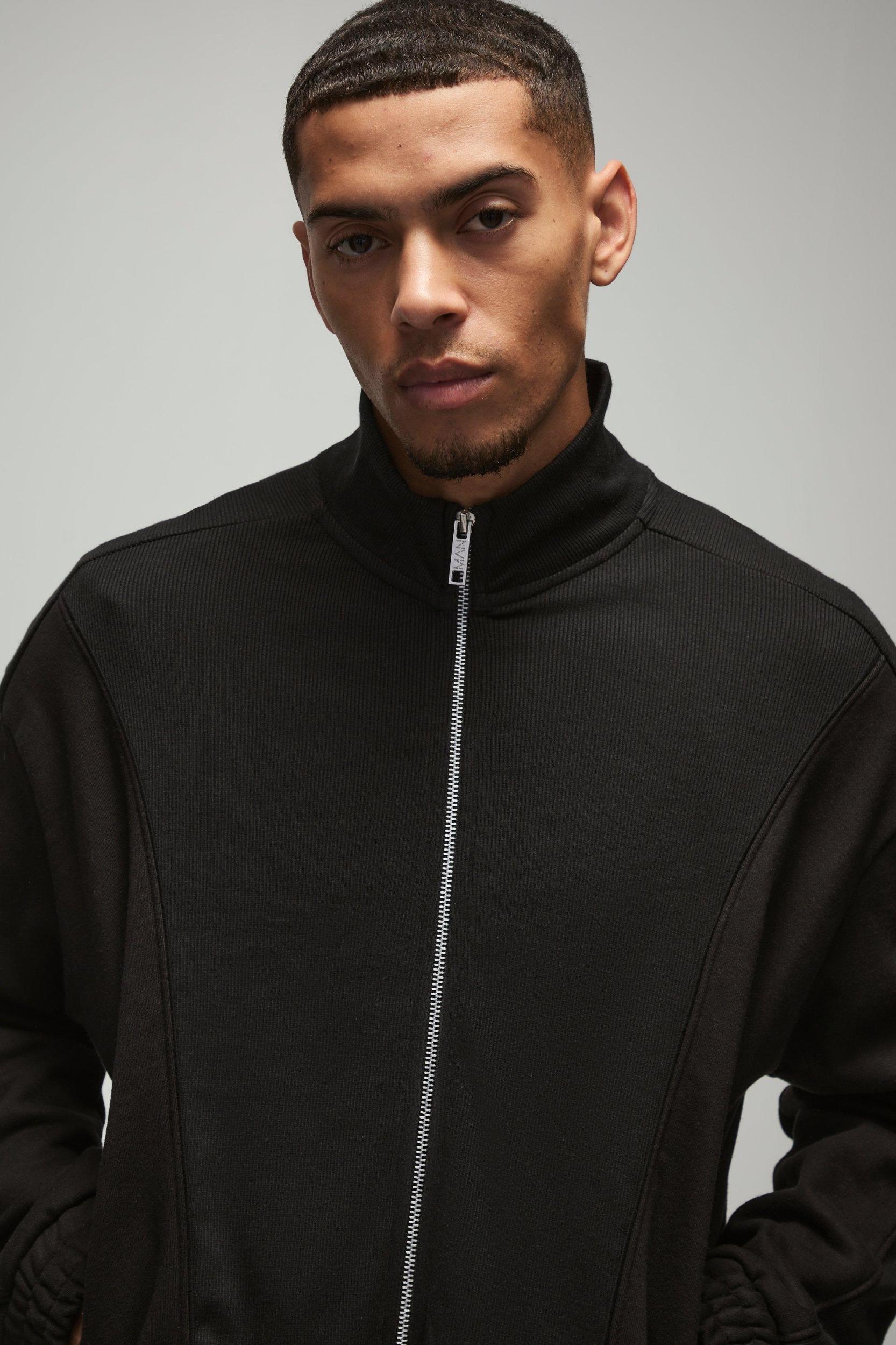 Oversized Heavy Rib Panelled 3D Embroidered Track Top | boohooMAN USA Product Image