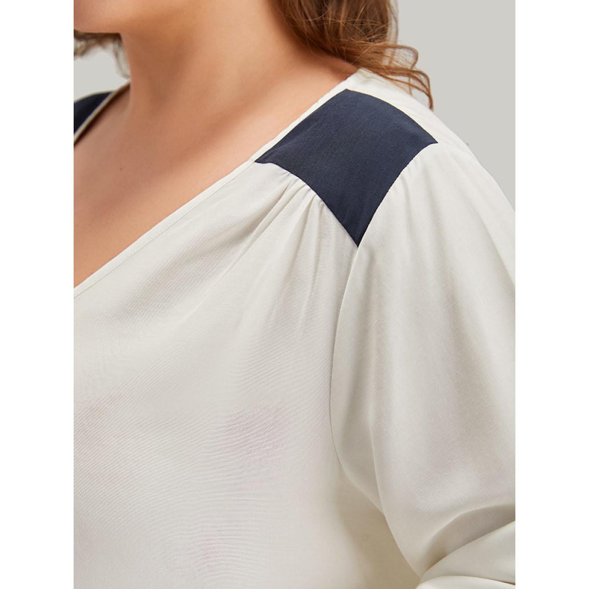 Plus Size Ivory Contrast Patchwork Plicated Button Detail Blouse Women Office Long Sleeve V-neck Work Blouses BloomChic 22-24/3X Product Image