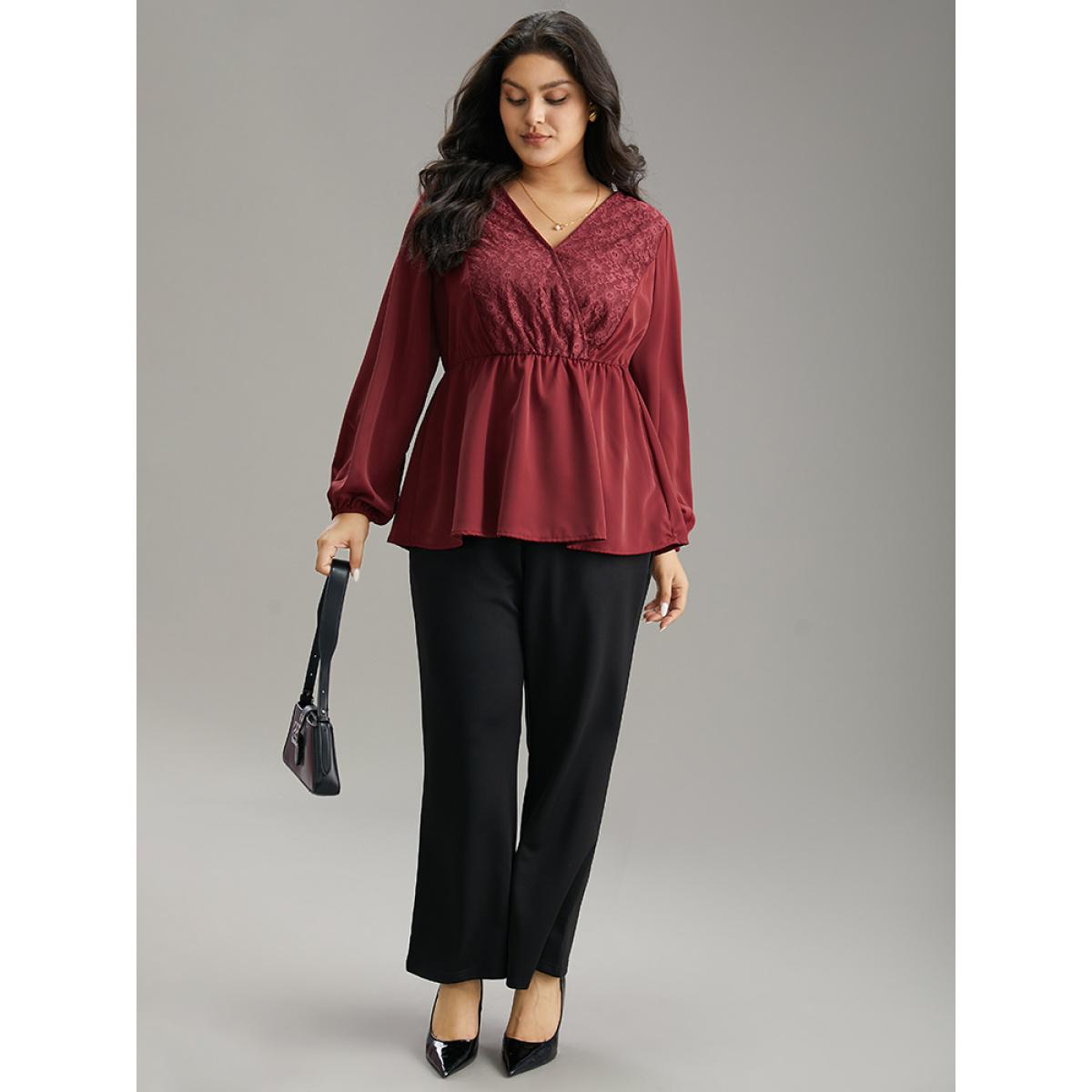 Plus Size Scarlet Static-Free Contrast Lace Lantern Sleeve Blouse Women Office Long Sleeve V-neck Office Blouses BloomChic 30/6X Product Image