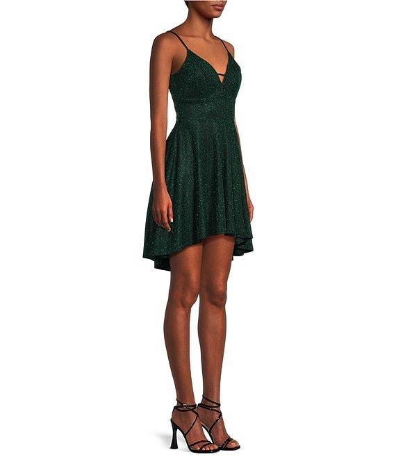 City Vibe Spaghetti Strap Glitter Lace Hi-Low Bodice Skirt Dress Product Image