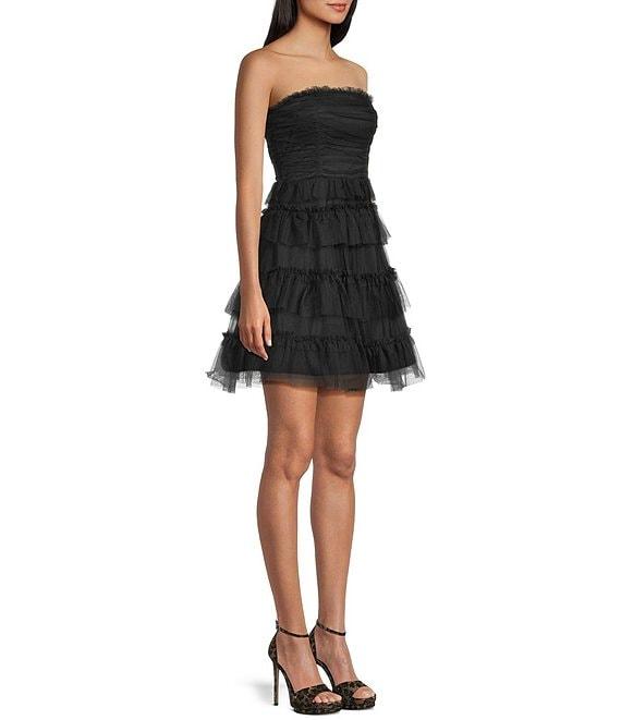 Pear Culture Mesh Strapless Fit-And-Flare Tiered Mini Dress Product Image