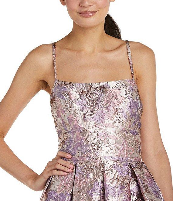 Morgan & Co. Metallic Jacquard Spaghetti Strap Criss Cross Back Ballgown Product Image