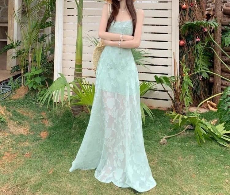 Spaghetti Strap Scoop Neck Floral Sheer Panel Maxi A-Line Dress Product Image