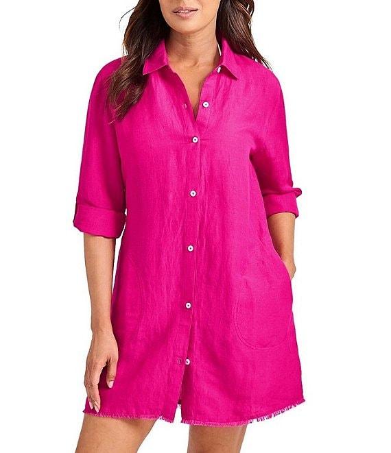 Tommy Bahama St. Lucia Point Collar Short Roll-Tab Sleeve Fray Hem Button Front Boyfriend Swim Cover Up Product Image