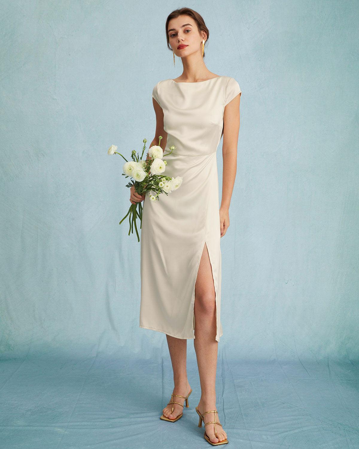 The Apricot Satin Cap Sleeve Sheath Slit Midi Dress Product Image