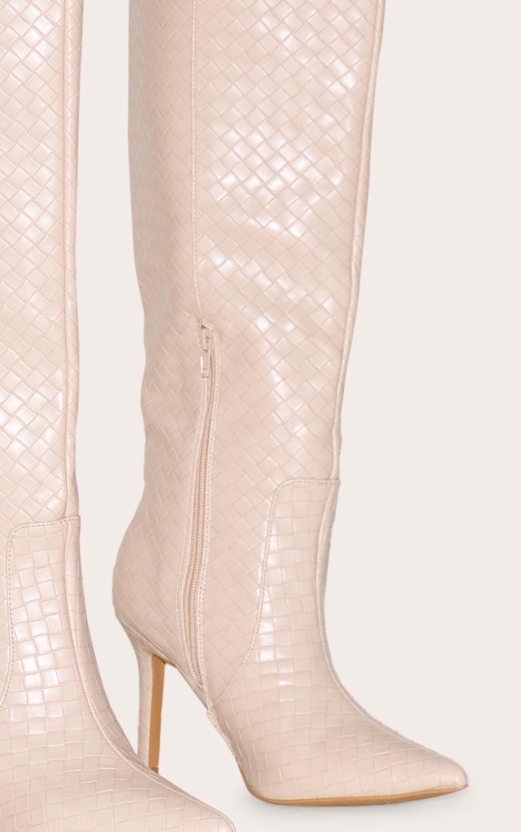 Oatmeal PU Point Toe Basket Weave Knee High Boots Product Image