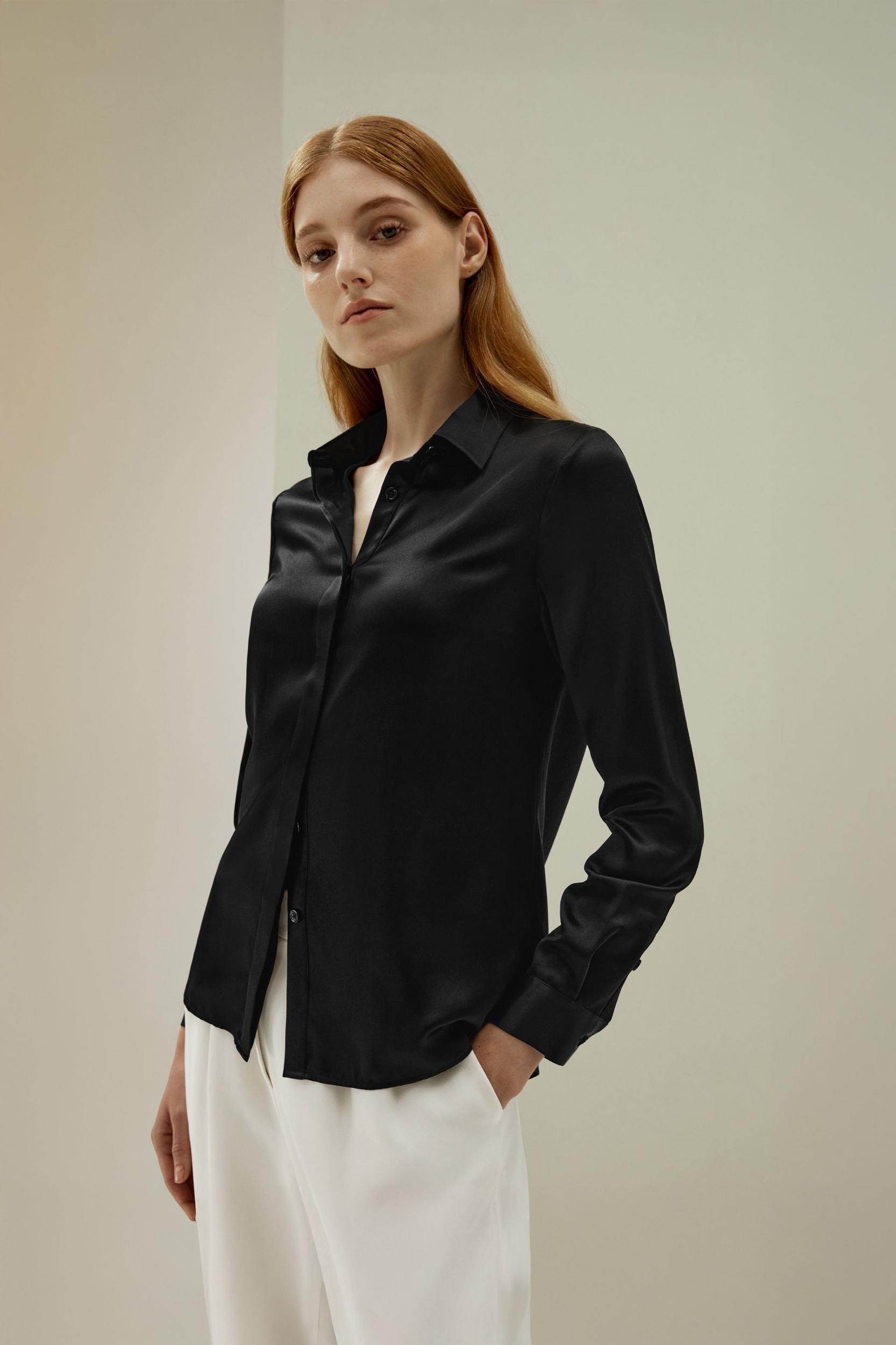 LILYSILK Silk Shirt Women - Dark Gray Mulberry Silk - Non-Toxic Dyes Concealed Mother-Of-Pearl Buttons Blouse Petite M Product Image