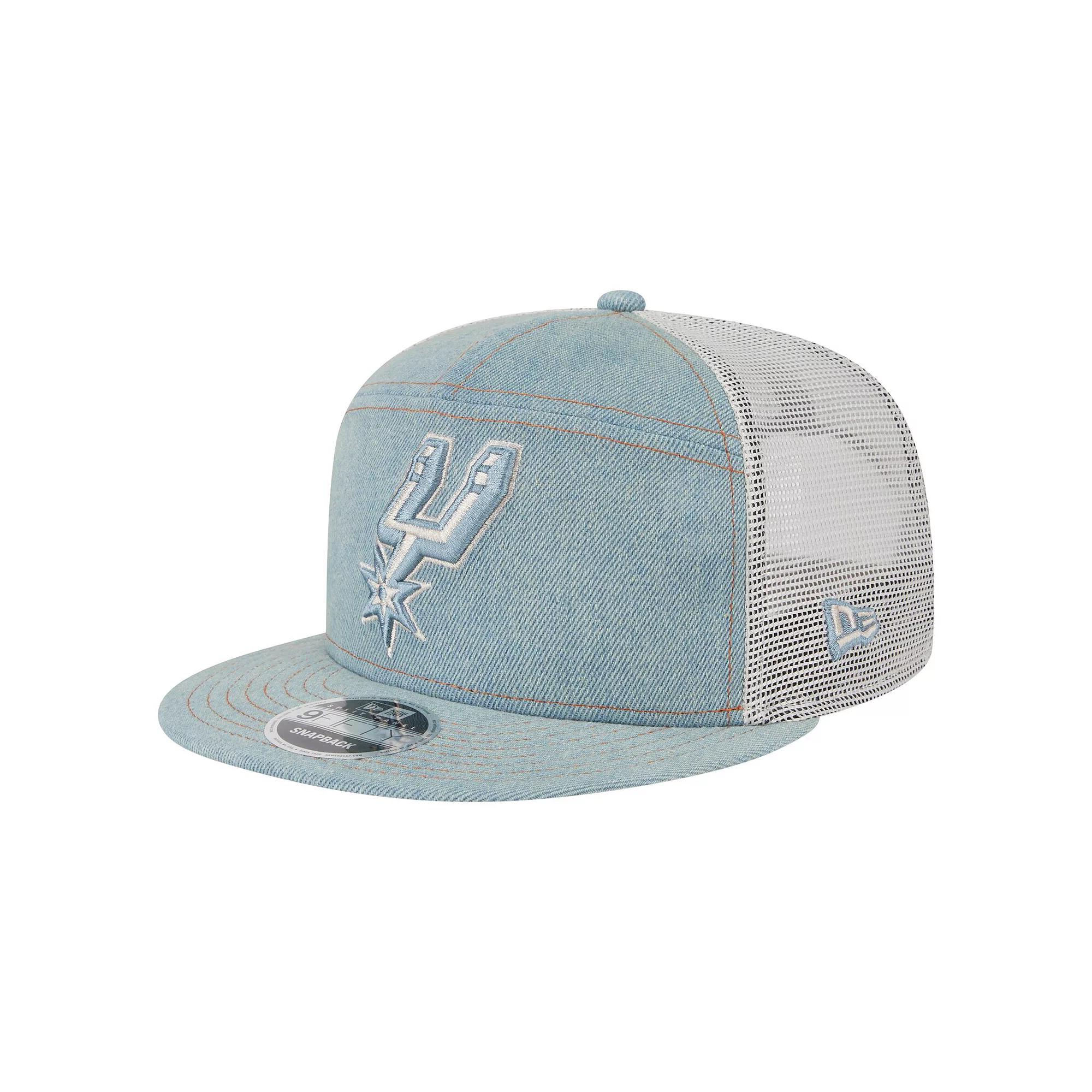 Men's New Era San Antonio Spurs Adventure Denim Split Panel 9FIFTY Snapback Trucker Hat, Turquoise A Product Image