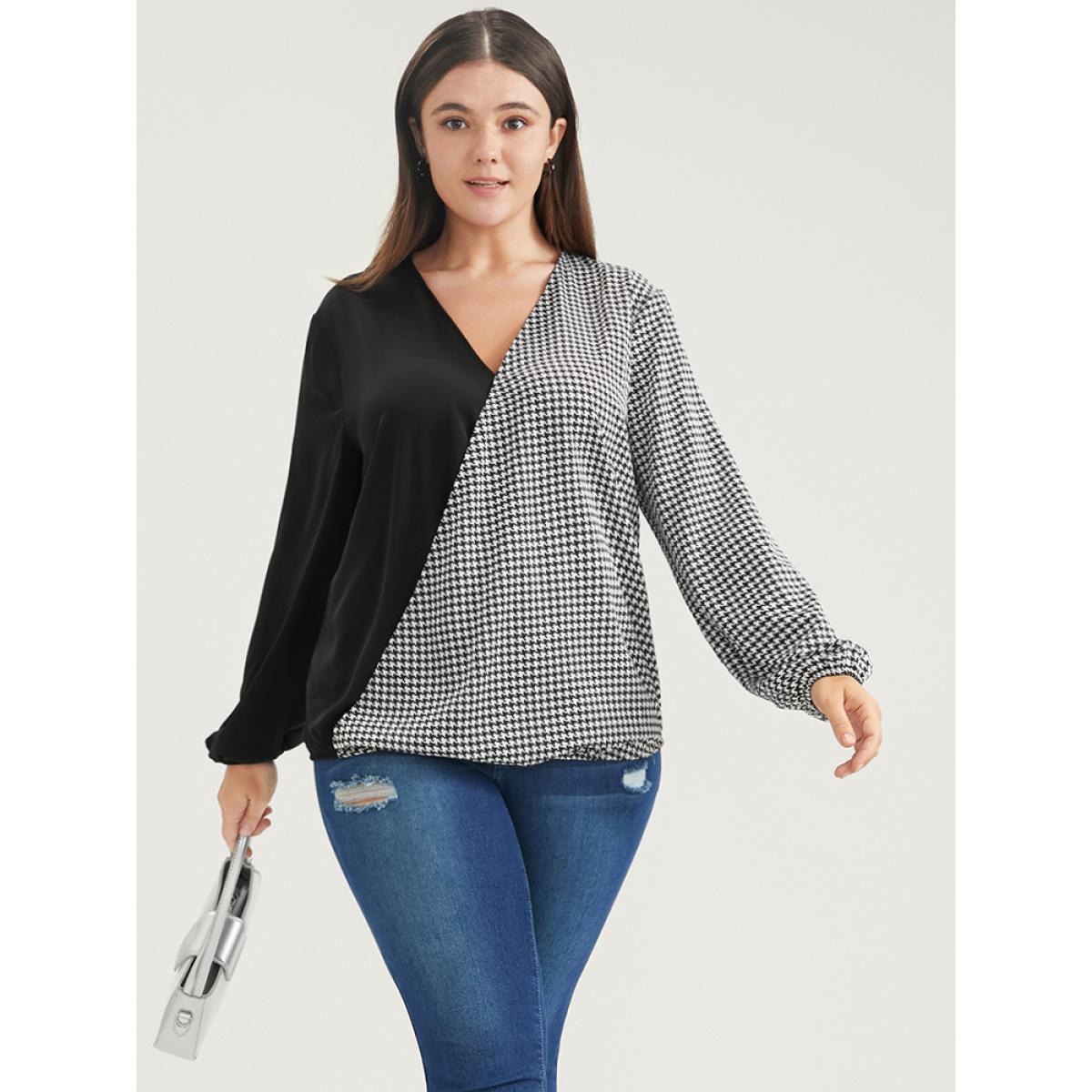 Plus Size Black Houndstooth Patchwork Lantern Sleeve Blouse Women Office Long Sleeve V-neck Work Blouses BloomChic 22-24/3X Product Image