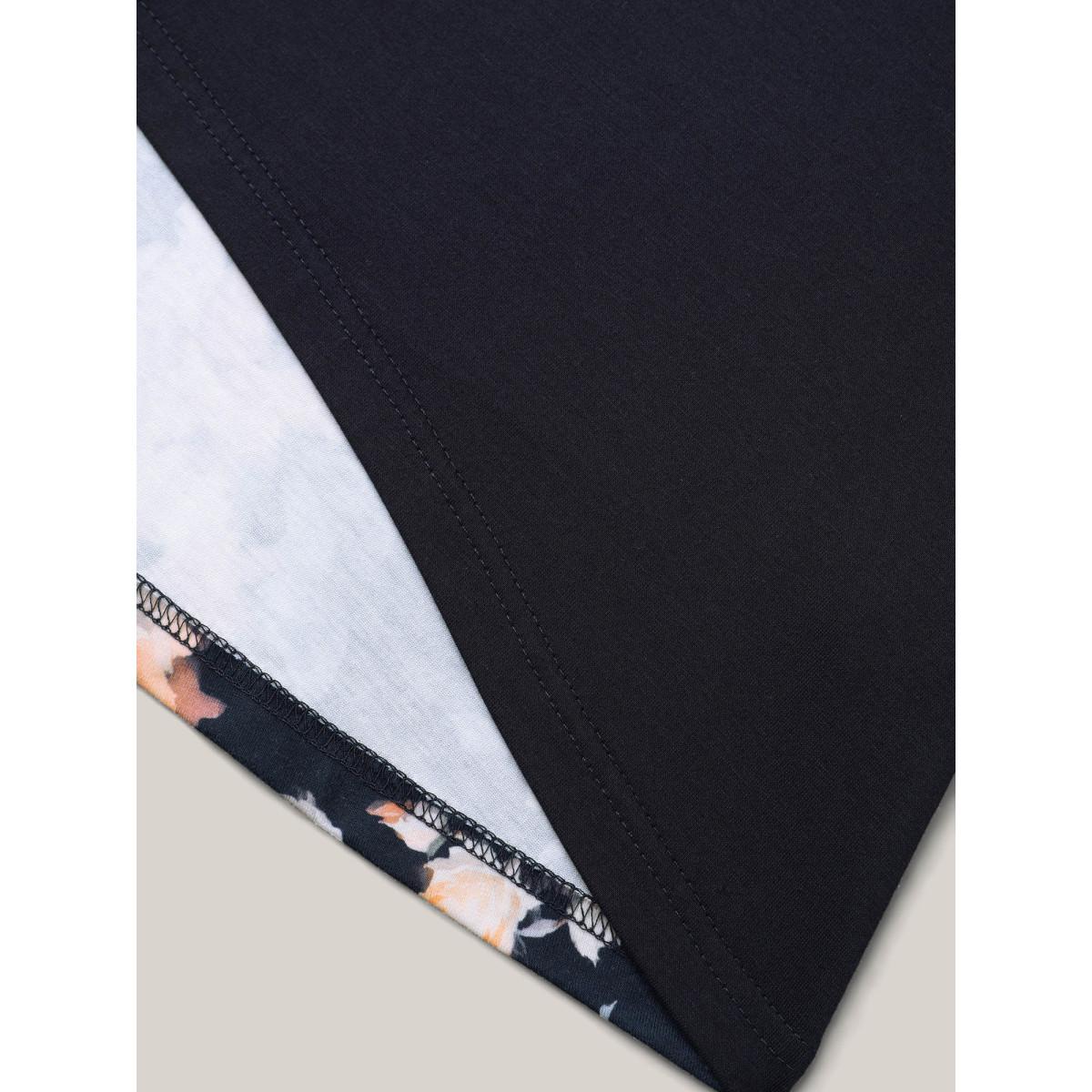 Plus Size Round Neck Floral Print Patchwork Half Sleeve T-Shirt Midnight Women Elegant Contrast Natural Flowers Boat Neck Loose Everyday T-shirts BloomChic 22-24/3X Product Image