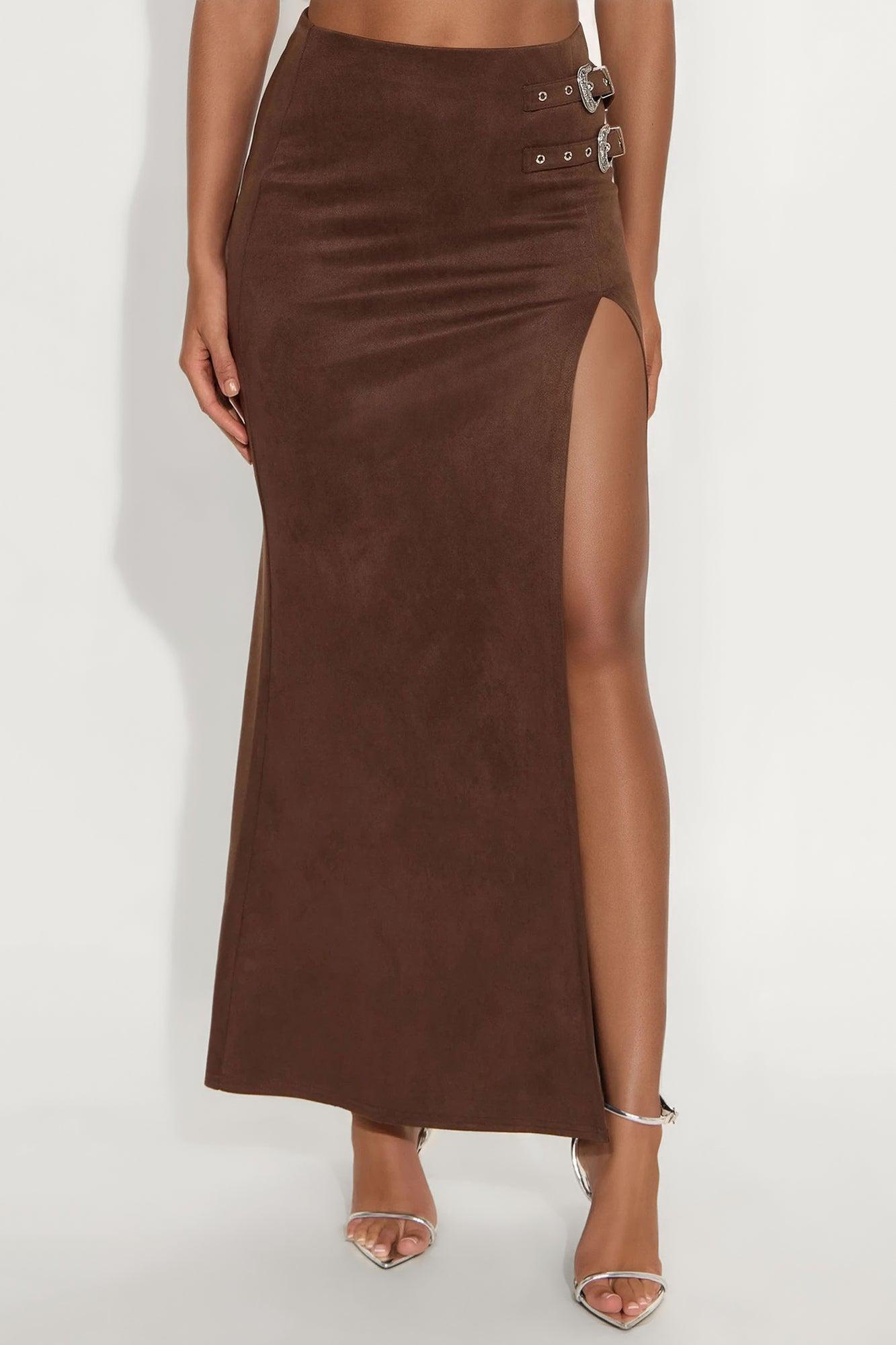 Out West Faux Suede Maxi Skirt - Chocolate Female Product Image