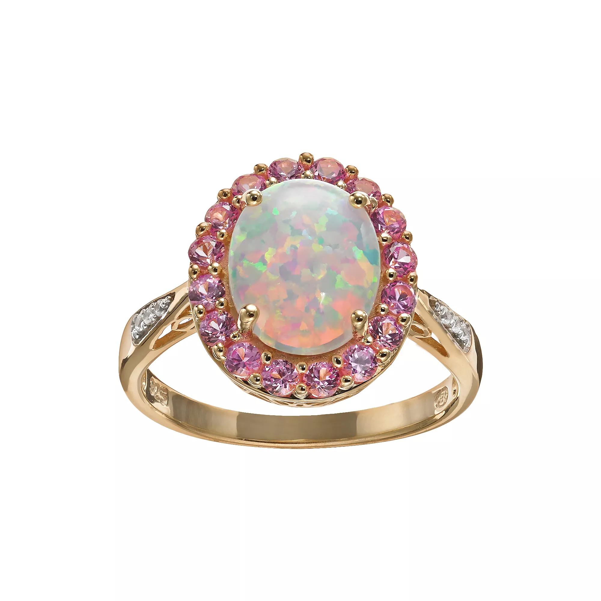 Lab-Created Opal and Lab-Created Sapphire 18k Gold Over Silver Oval Halo Ring, Womens, Pink Product Image