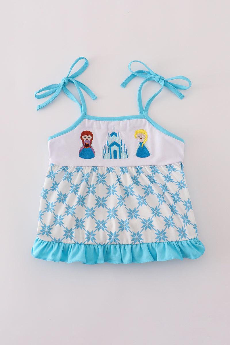 Blue character embroidery ruffle tiered dress Product Image