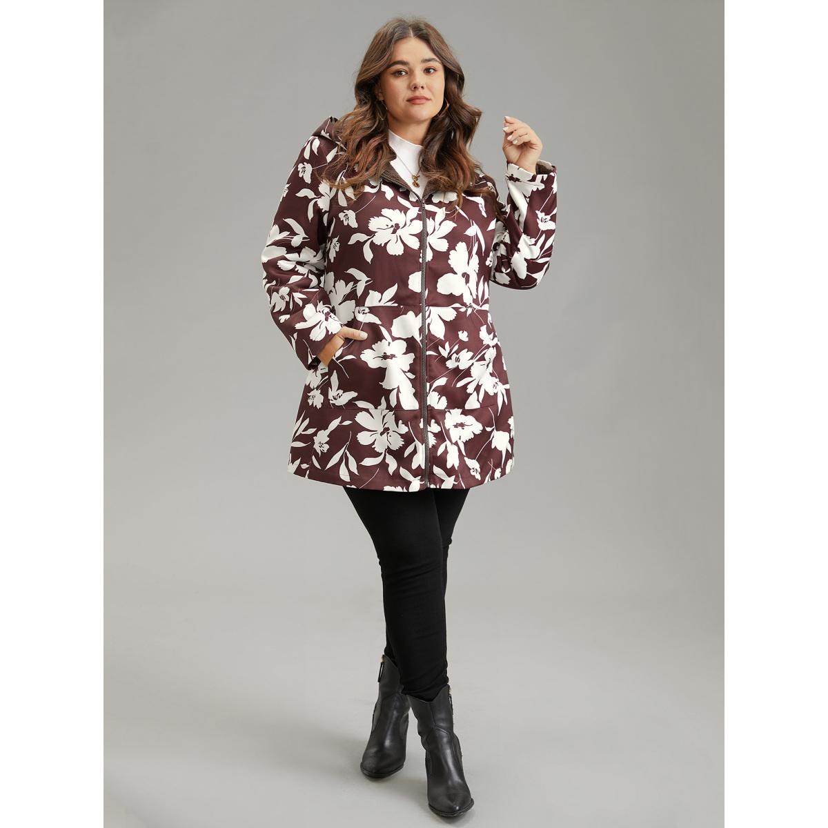 Plus Size Silhouette Floral Print Fuzzy Zipper Hooded Coat Women Scarlet Casual Lined Ladies Dailywear Winter Coats BloomChic 22-24/3X Product Image